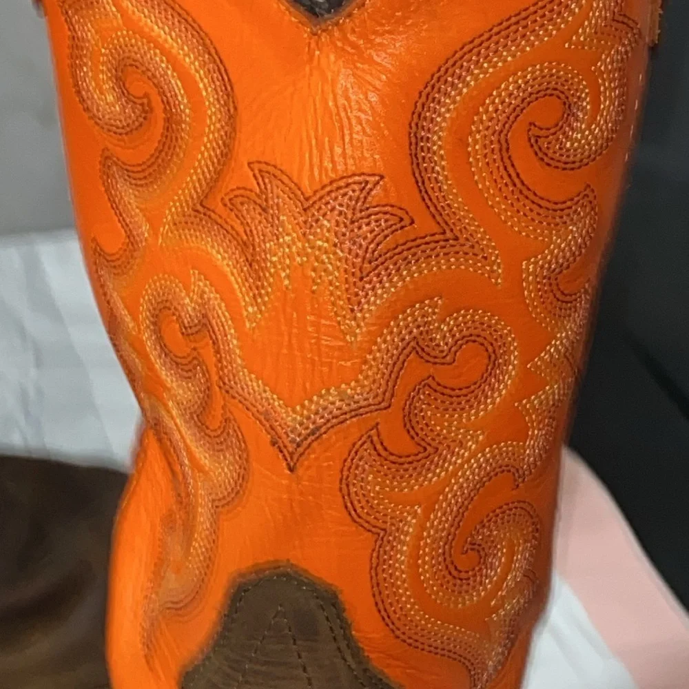OLD WEST‎ GENUINE LEATHER Orange and Brown Western Cowboy Boots KIDS  SIZE 3D